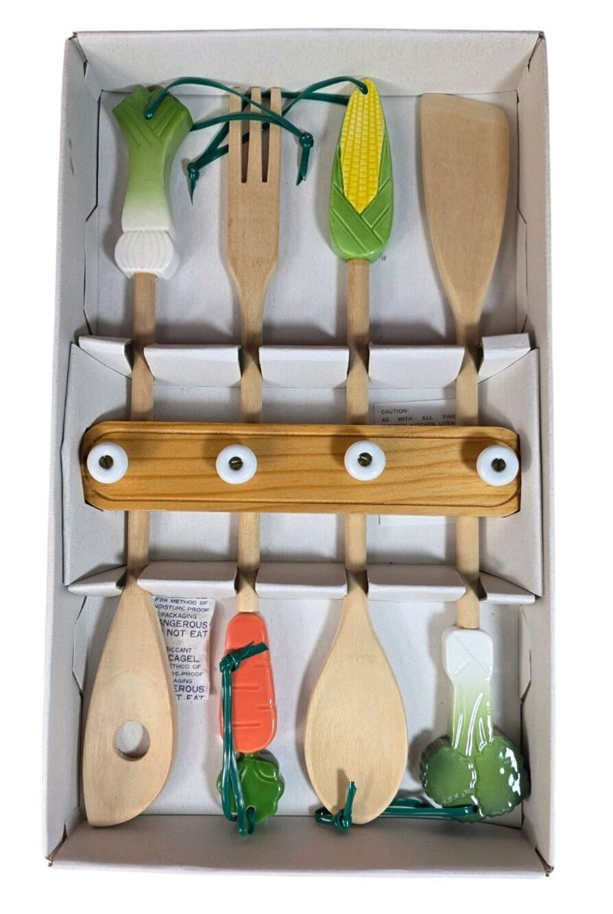 NEW Vtg Avon Gallery Originals Wooden Utensils Vegetable Ceramic Handle w/ Rack